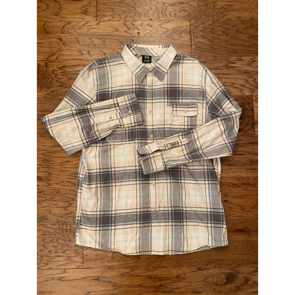Oakley Plaid Button Down Shirt Mens XL Tan Grey Blue Long Sleeve Flannel Regular